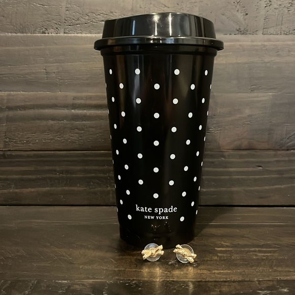 Kate Spade Gold Double Bow Earrings and 12 oz Reusable Plastic Coffee Cup - Picture 3 of 6